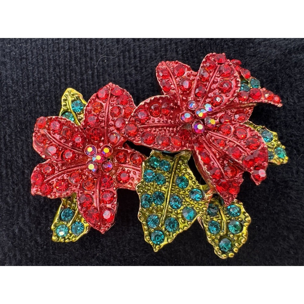 Christmas Poinsettia Rhinestone Brooch Holiday Statement Pin